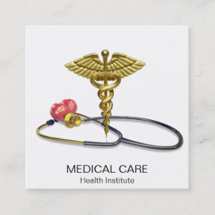 Carte De Visite Carré Caducée médical en or & stéthoscope avec cœur