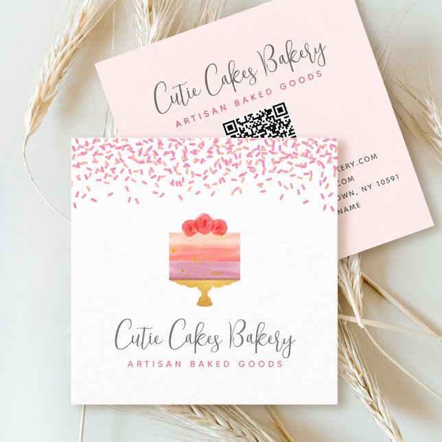 Carte De Visite Carré Cake QR Code Pink Ombre Saupoudrer Pâtisserie Chef (Créateur téléchargé)
