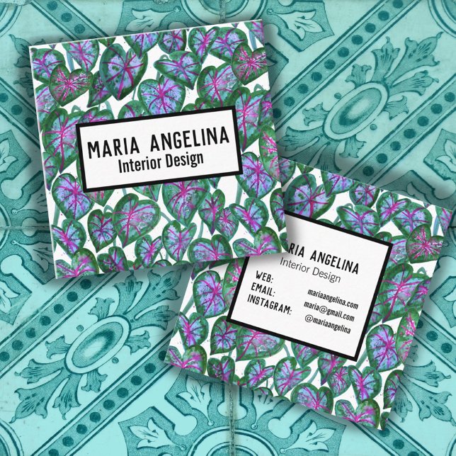 Carte De Visite Carré Caladium Feuilles Tropical Bold Aquarelle Botaniqu (Créateur téléchargé)