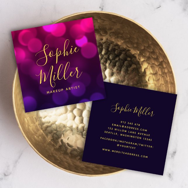 Carte De Visite Carré Calligraphie moderne Magenta Blue Bokeh Lumières (Créateur téléchargé)