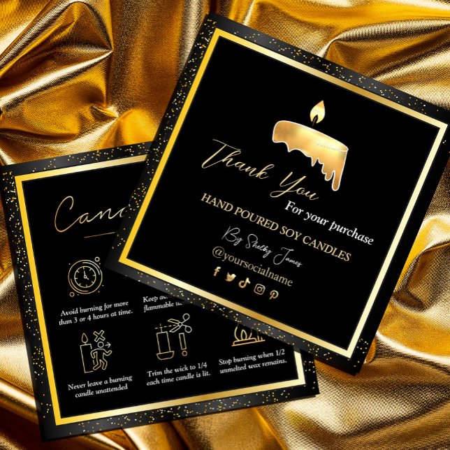 Carte De Visite Carré Candle Care Black Gold | Merci de logo personnalis (Candle Care Black Gold | Custom Logo Thank You #candlecarecard #zazzlemade #blackandgold)