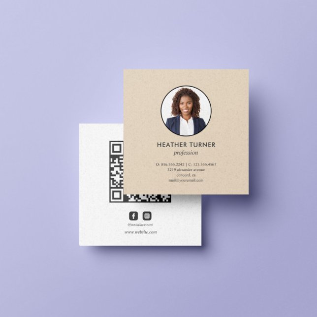 Carte De Visite Carré Capture d'écran QR CODE ou Logo Professional Ecrù (ECRU BEIGE NEUTRAL COLOR PROFESSIONAL PHOTO BUSINESS CARD WITH INSTAGRAM FACEBOOK ICON AND QR CODE)