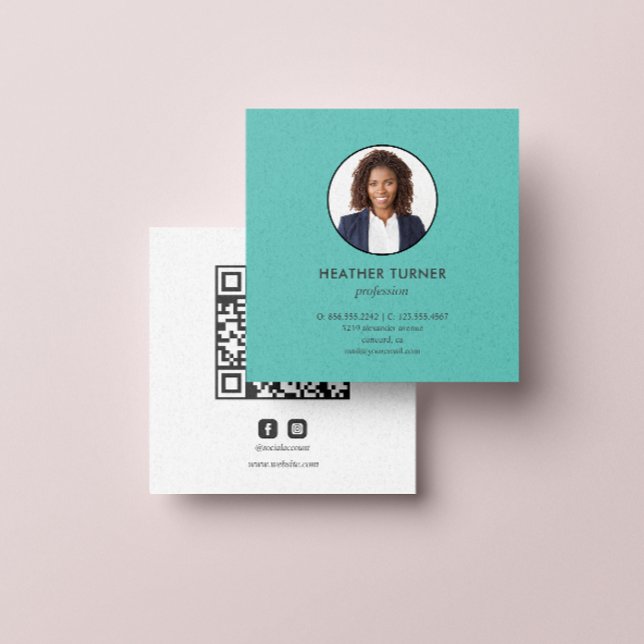 Carte De Visite Carré Capture d'écran QR CODE ou Logo Professionnel TURQ (Minimal photo business card with qr code and social icon facebook and instagram)
