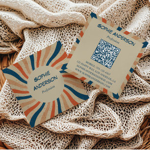 Carte De Visite Carré Carré de code QR à explosion solaire rétro groovy