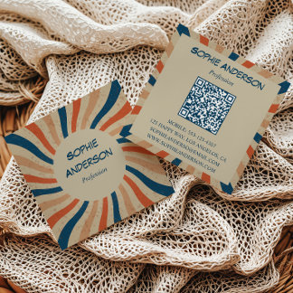 Carte De Visite Carré Carré de code QR à explosion solaire rétro groovy
