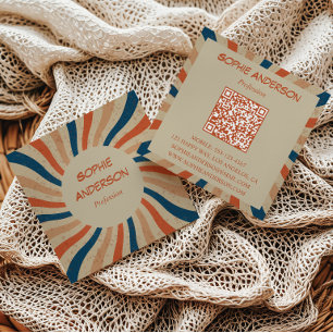Carte De Visite Carré Carré de code QR à explosion solaire rétro groovy