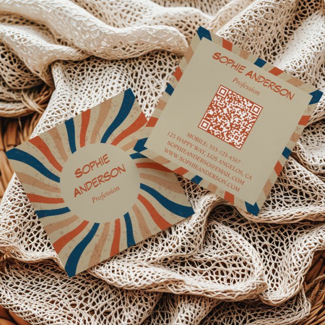 Carte De Visite Carré Carré de code QR à explosion solaire rétro groovy (Créateur téléchargé)