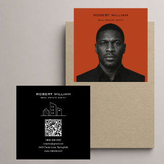 Carte De Visite Carré Carré de photo QR de l'agent immobilier en orange
