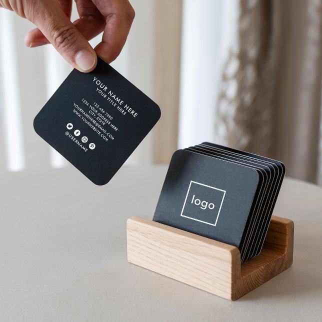 Carte De Visite Carré Carré professionnel noir ajouter votre logo person (Square professional black add your custom logo)