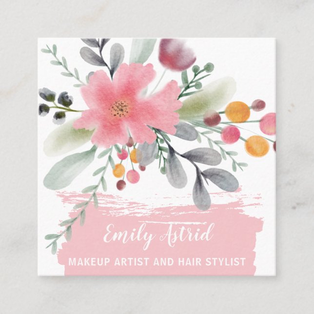 Carte De Visite Carré Carré rose de maquillage d'aquarelle florale (Devant)