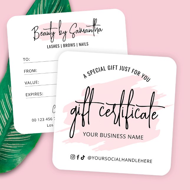 Carte De Visite Carré Carte-cadeau de salon Lash Aestheticicicia Pink Wa (Feminine blush pink watercolor business gift certificate with fully editable text & colors)