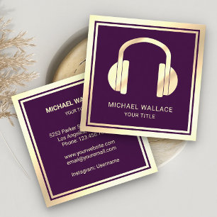 Carte De Visite Carré Casque de musique DJ feuille d'or fausse violet