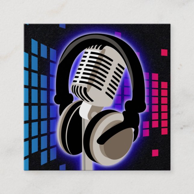 Carte De Visite Carré Casque Microphone Podcast brillant Bleu Noir S (Devant)