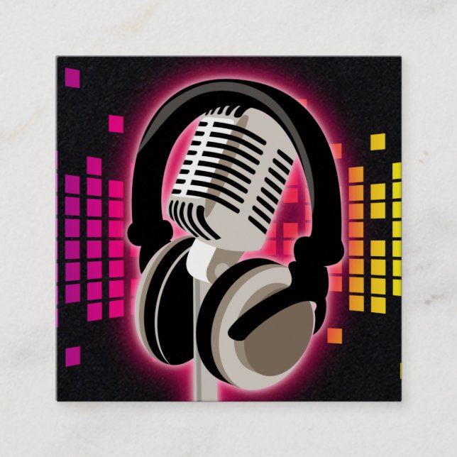 Carte De Visite Carré Casques Microphone Podcast brillant rose noir (Devant)