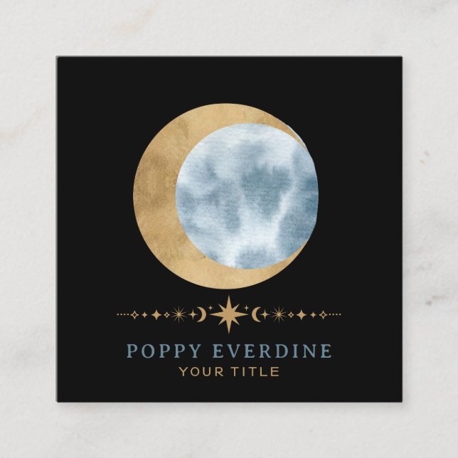 Carte De Visite Carré Céleste Mystique Lune Bleu Or (Devant)