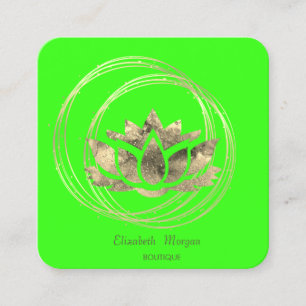 Carte De Visite Carré Cercles dorés élégants Lotus doré Néon vert