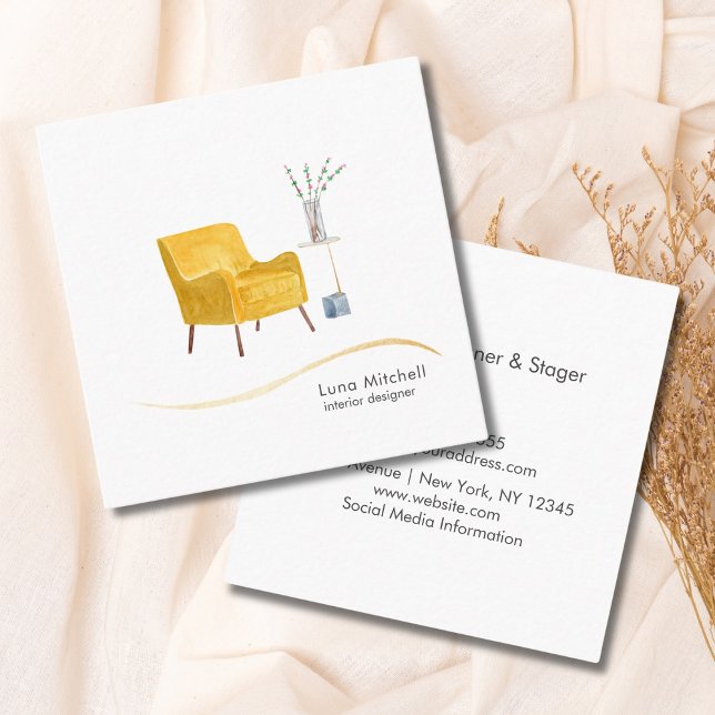 Carte De Visite Carré Chaise moderne aquarelle, table d'appoint, concept (Créateur téléchargé)