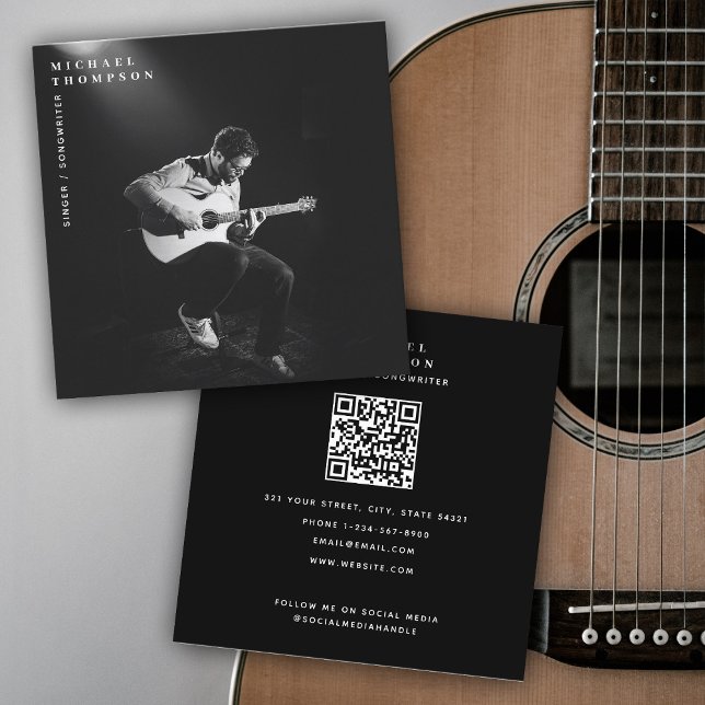Carte De Visite Carré Chanteur musicien Artiste Photo Interprète QR Code (Singer Musician Artist Photo Performer QR Code Square Business Card)