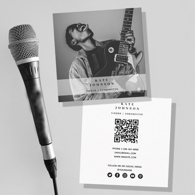 Carte De Visite Carré Chanteur musicien Photo Médias sociaux Code QR (Créateur téléchargé)