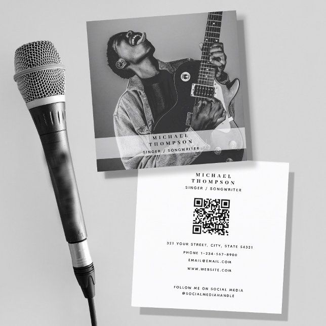 Carte De Visite Carré Chanteur musicien Photo Médias sociaux Code QR (Créateur téléchargé)