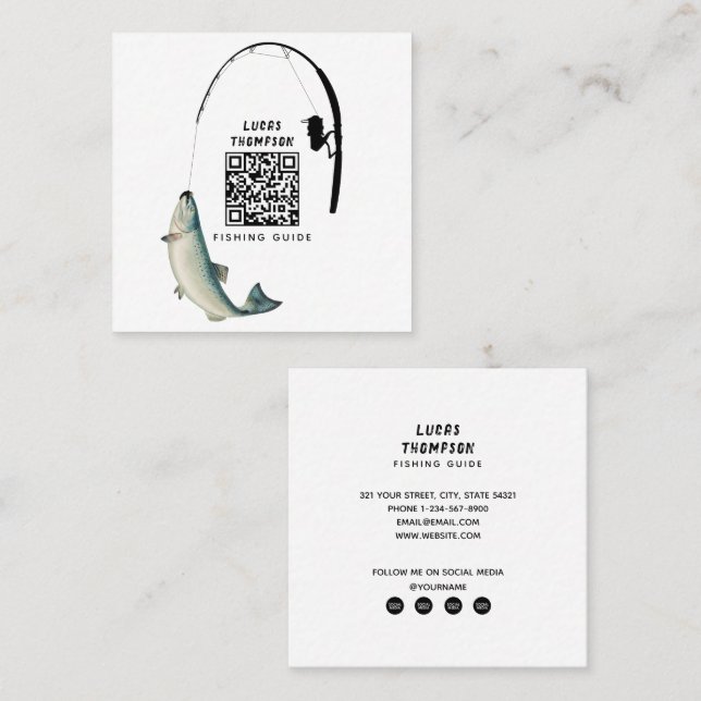 Carte De Visite Carré Chartes de guide de pêche professionnelle Code QR (Devant / Derrière)