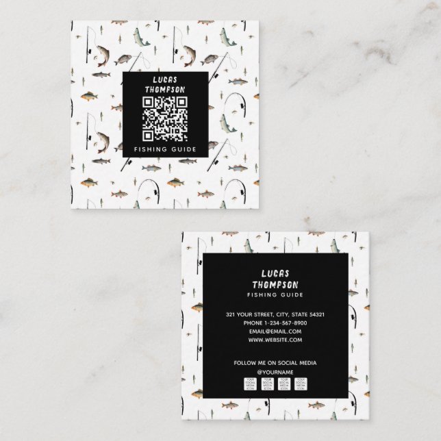 Carte De Visite Carré Chartes de guide de pêche professionnelle Code QR (Devant / Derrière)