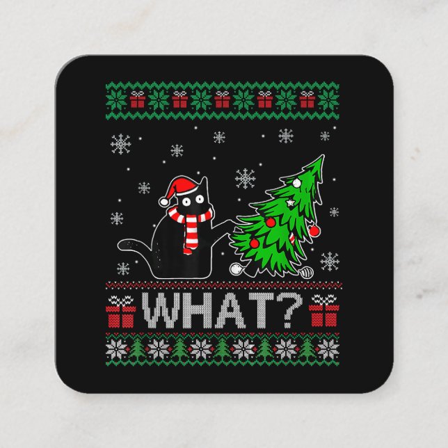 Carte De Visite Carré Chat Ce Chat Noir Drôle Poussant Arbre De Noël (Devant)