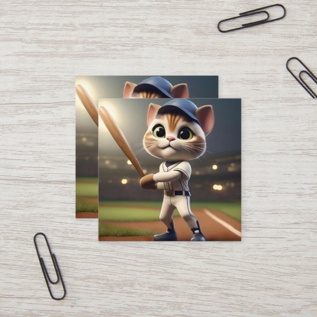 Carte De Visite Carré Chat De Baseball Drôle, (Devant/Arrière en situation)