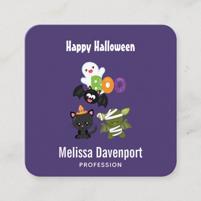 Carte De Visite Carré Chat de Cute Halloween, bat, mummy et ghost (Devant)