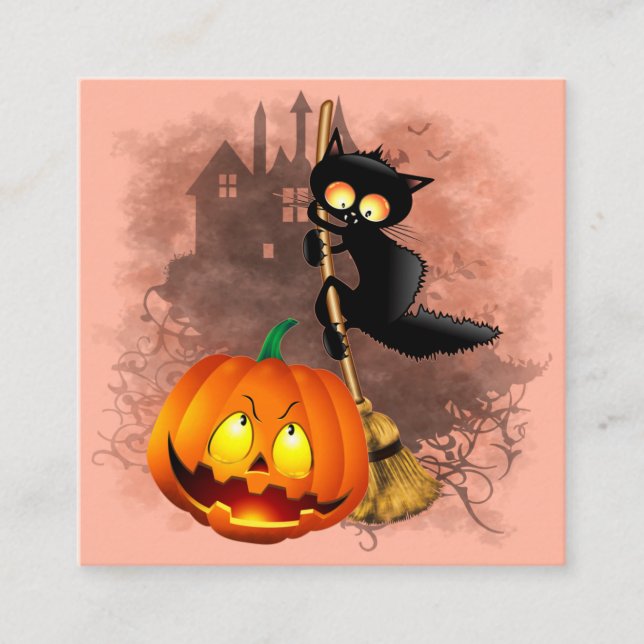 Carte De Visite Carré Chat effrayé par Citrouille Fun Halloween caractèr (Devant)