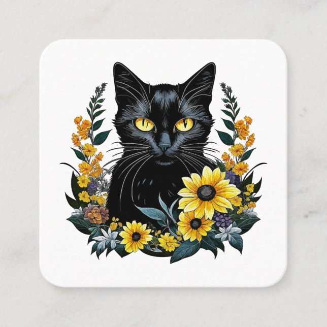 Carte De Visite Carré chat noir avec des fleurs (Devant)