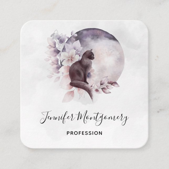 Carte De Visite Carré Chat noir devant une Pleine lune magique (Devant)