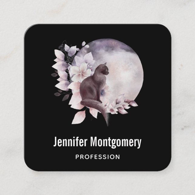 Carte De Visite Carré Chat noir devant une Pleine lune magique (Devant)