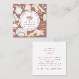 Carte De Visite Carré Chef Pâtissier Aquarelle Rose Poussiéreux
