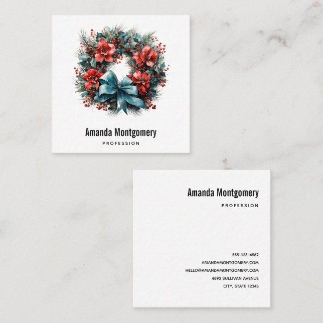 Carte De Visite Carré Chemise d'aquarelle de Noël avec Holly (Devant / Derrière)
