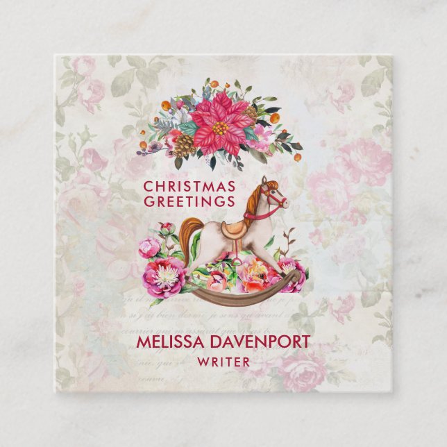 Carte De Visite Carré Cheval à bascule victorien et Noël au poinsettia (Devant)