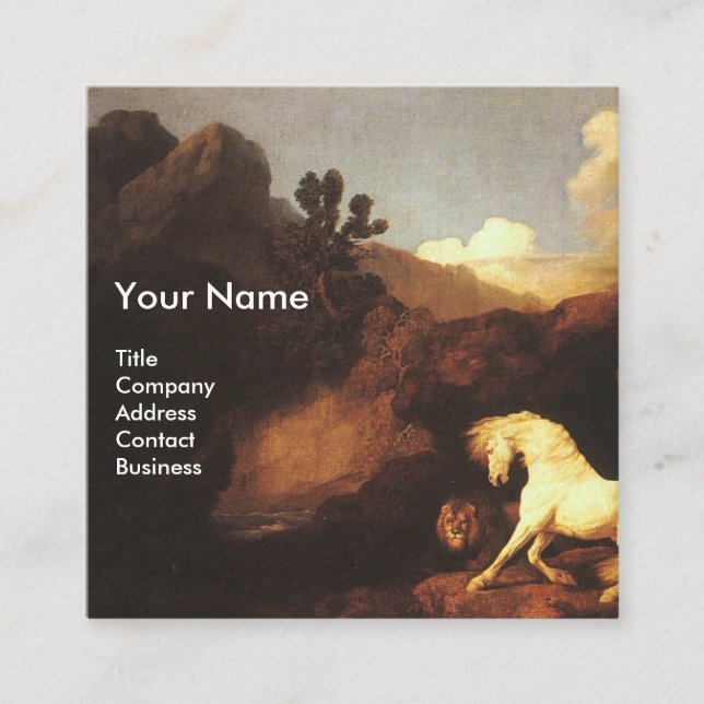 CARTE DE VISITE CARRÉ CHEVAL BLANC ET LION / SYMBOLE VÉTÉRINAIRE CADUCUS (Devant)