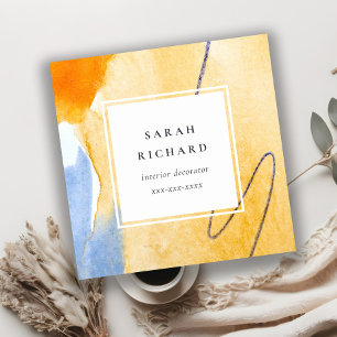 Carte De Visite Carré Chic Artistic Abstrait Jaune Aquarelle Bleu Art
