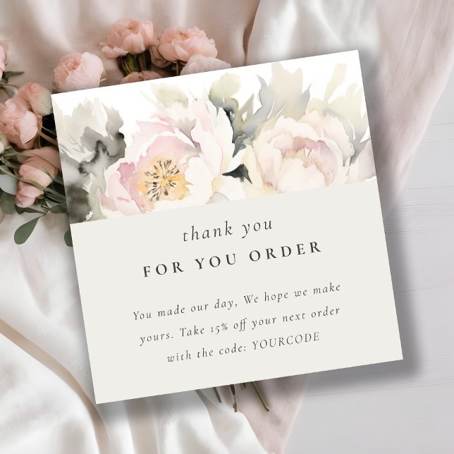 Carte De Visite Carré Chic Bleu Peony Aquarelle Floral Merci Ordre (Créateur téléchargé)