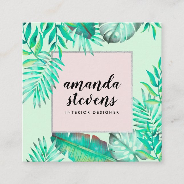 Carte De Visite Carré Chic cadre argent menthe vert aquarelle tropicale (Devant)