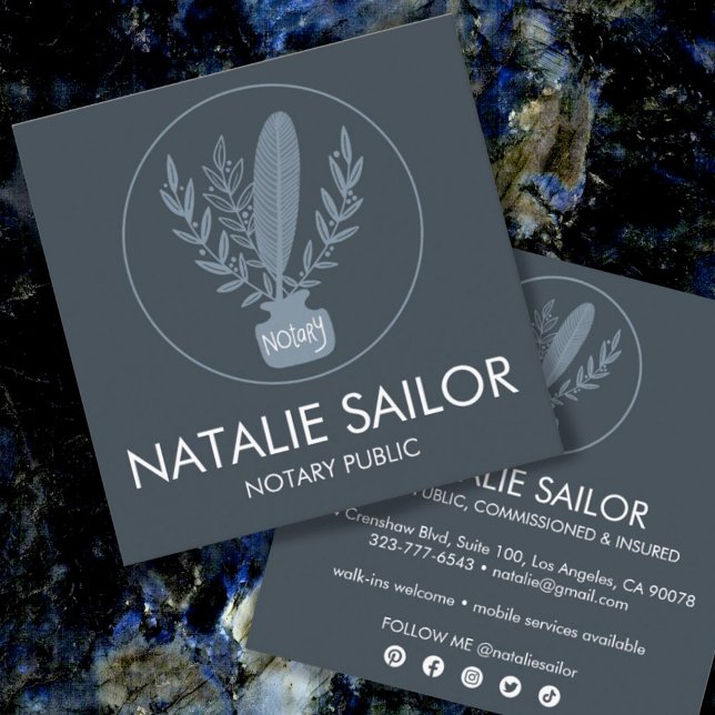 Carte De Visite Carré Chic Elegant Botanique Quill Logo Notaire Public (Créateur téléchargé)