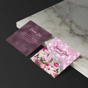 Carte De Visite Carré Chic floral glittery Purple rose argent monogramme