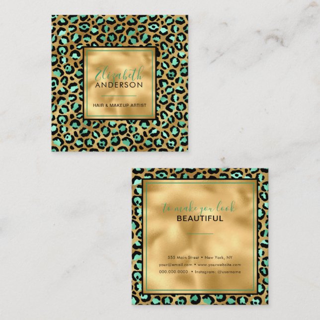 Carte De Visite Carré Chic Gold Mint Empreinte de léopard Mode tendance  (Devant / Derrière)