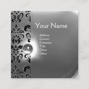 CARTE DE VISITE CARRÉ CHIC GRAY BLACK WHITE DAMASK GEMSTONE MONOGRAM