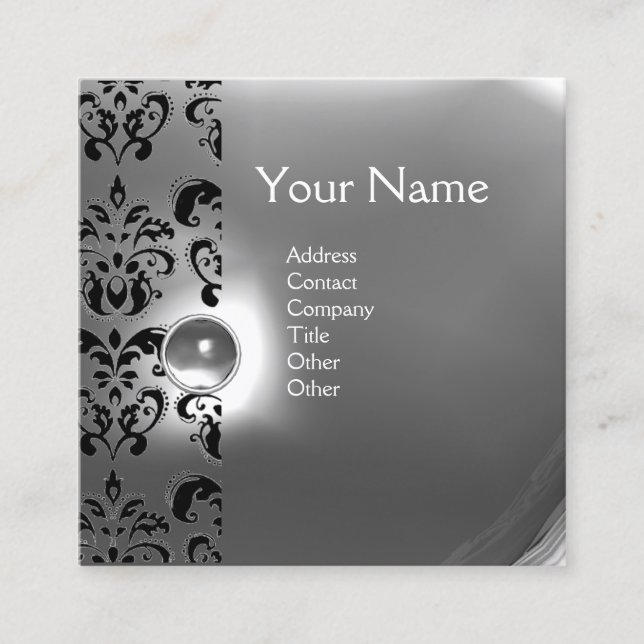 CARTE DE VISITE CARRÉ CHIC GRAY BLACK WHITE DAMASK GEMSTONE MONOGRAM (Devant)