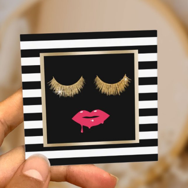 Carte De Visite Carré Chic Lashes & Lèvres Moderne Black Stripes Salon (Créateur téléchargé)