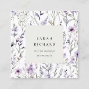 Carte De Visite Carré Chic Lilac Purple Fleur sauvage Papillon Aquarelle