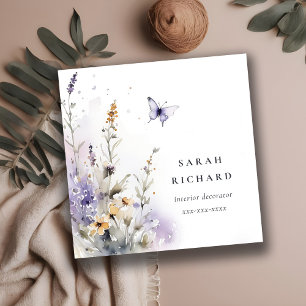 Carte De Visite Carré Chic Lilac Purple Fleur sauvage Papillon Aquarelle
