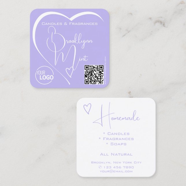 Carte De Visite Carré Chic Lilac White Calligraphie Heart Logo QR-Code (Devant / Derrière)