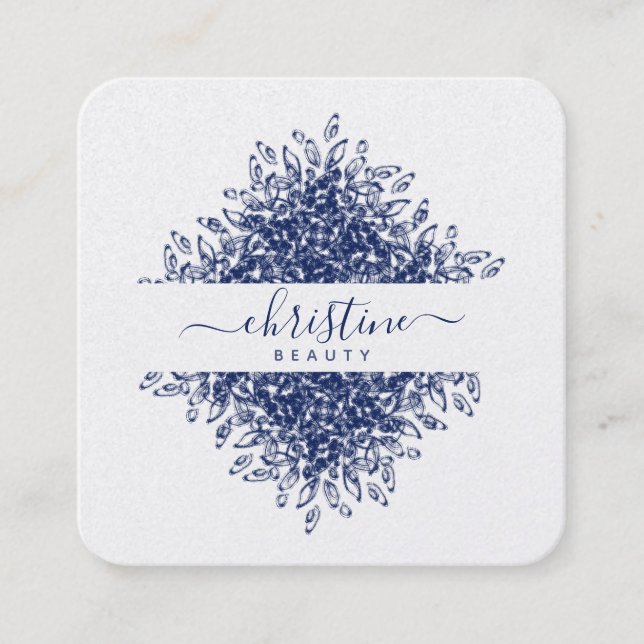 Carte De Visite Carré Chic Navy Blue Mandala Dessin Signature Script (Devant)